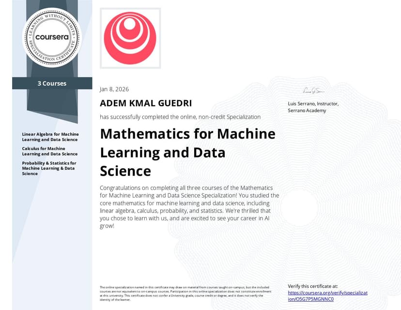 Mathematics for Machine Learning and Data Science certificate